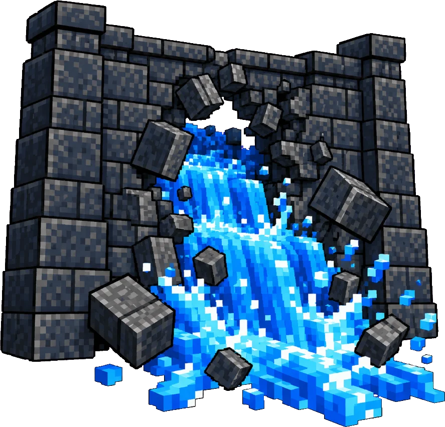 Water breaking through a hole in a stone wall