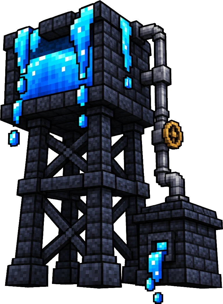 A stone water tower overflowing with clean water beside a small stone shed